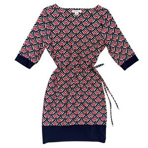 Liz Claiborne navy, red, and white sheath dress with cuffed sleeves
